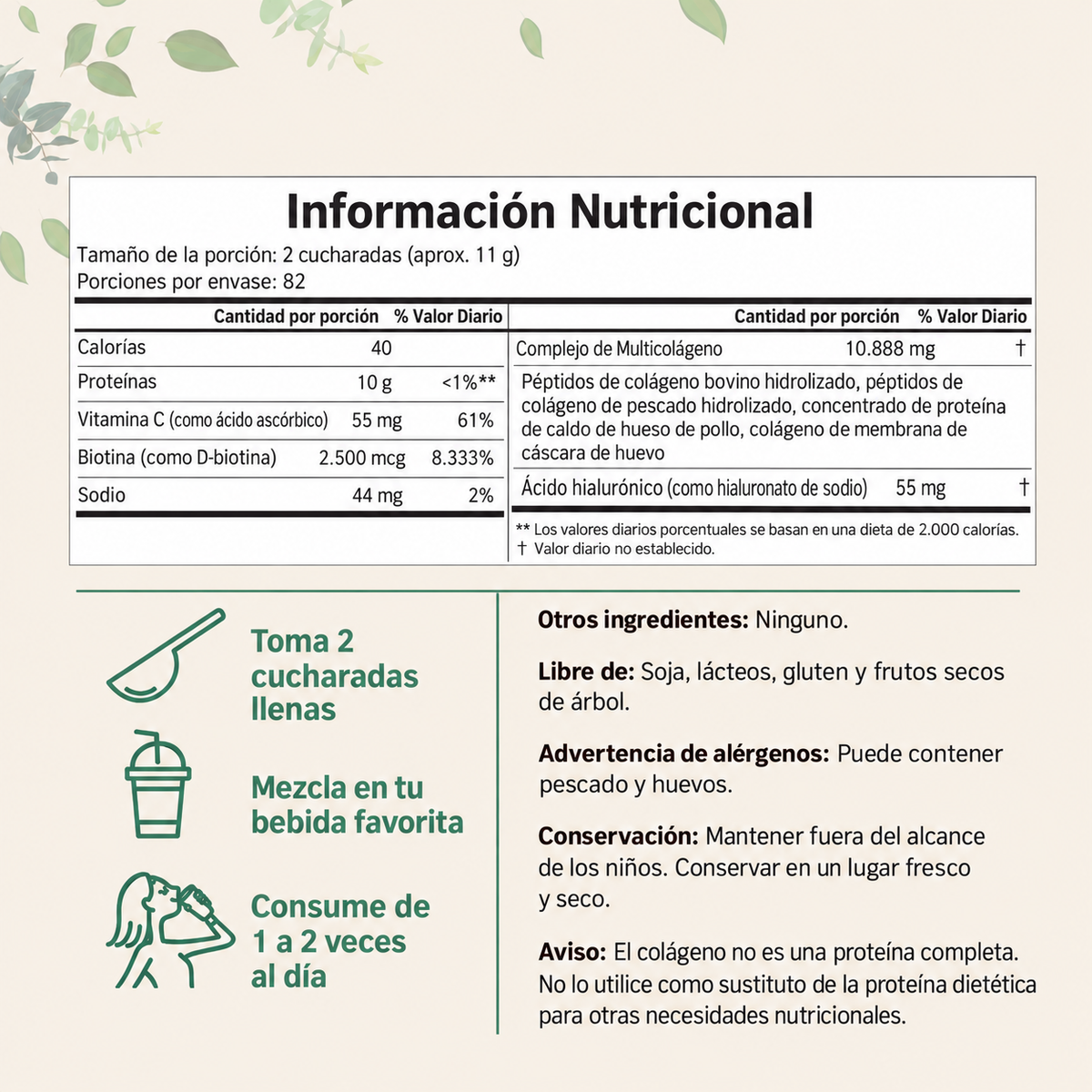 Polvo de Péptidos de Colágeno Múltiple Micro Ingredients - Péptidos de Proteína Hidrolizada (Tipo I, II, III, V, X) con Ácido Hialurónico, Biotina y Vitamina C sin sabor