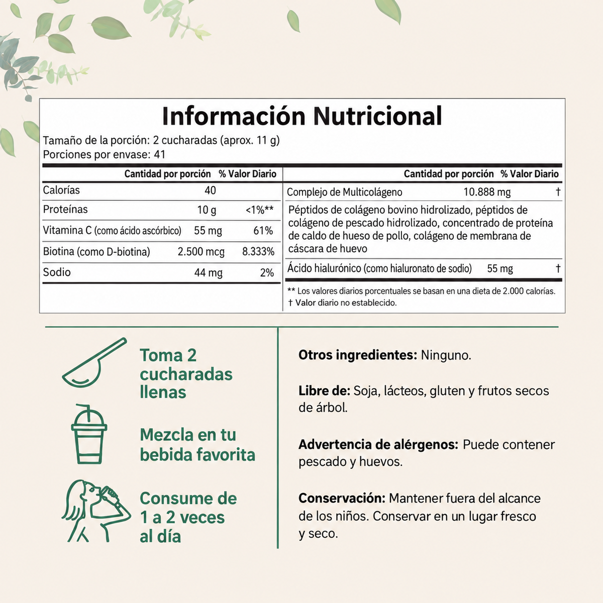 Polvo de Péptidos de Colágeno Múltiple Micro Ingredients - Péptidos de Proteína Hidrolizada (Tipo I, II, III, V, X) con Ácido Hialurónico, Biotina y Vitamina C sin sabor