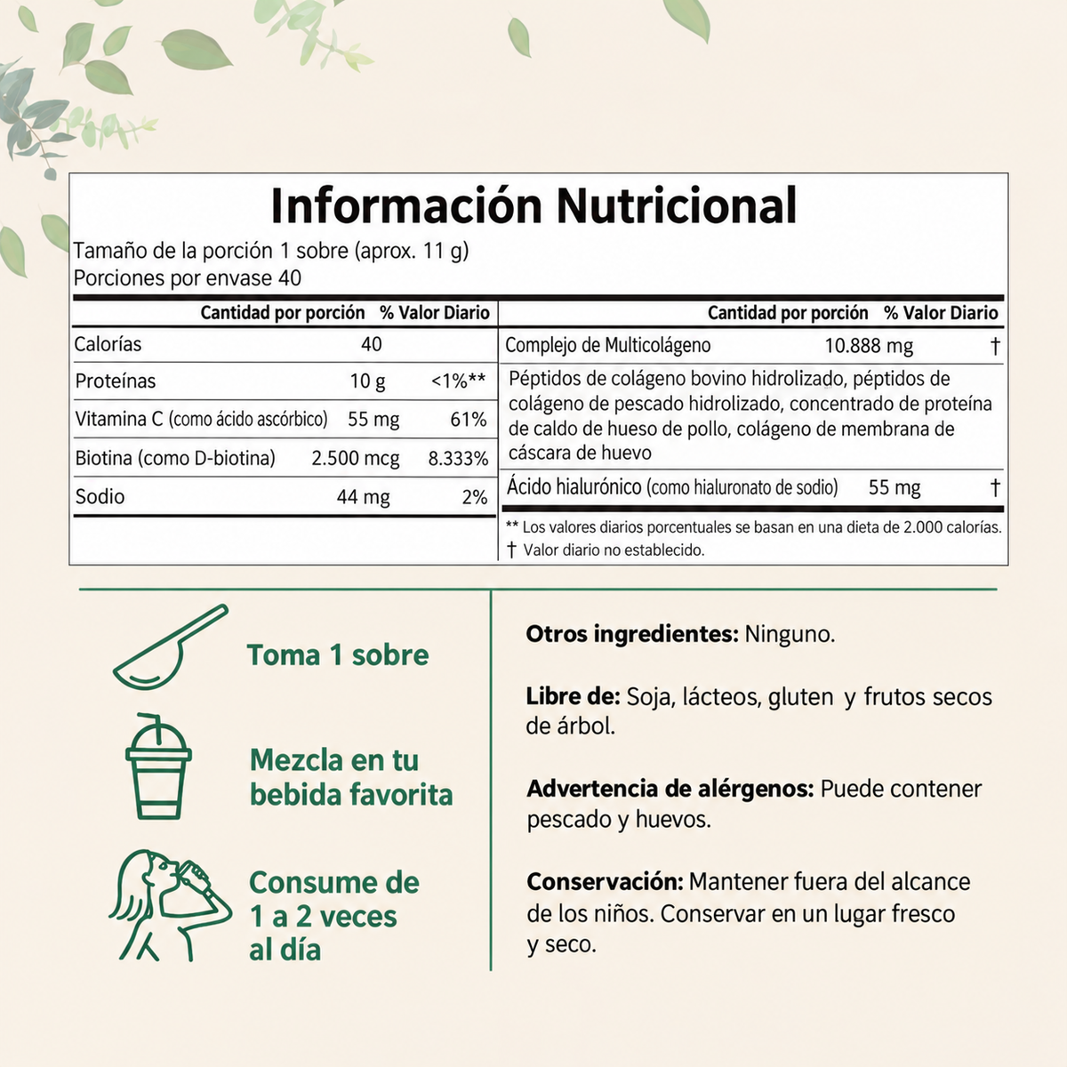 Polvo de Péptidos de Colágeno Múltiple Micro Ingredients - Péptidos de Proteína Hidrolizada (Tipo I, II, III, V, X) con Ácido Hialurónico, Biotina y Vitamina C sin sabor