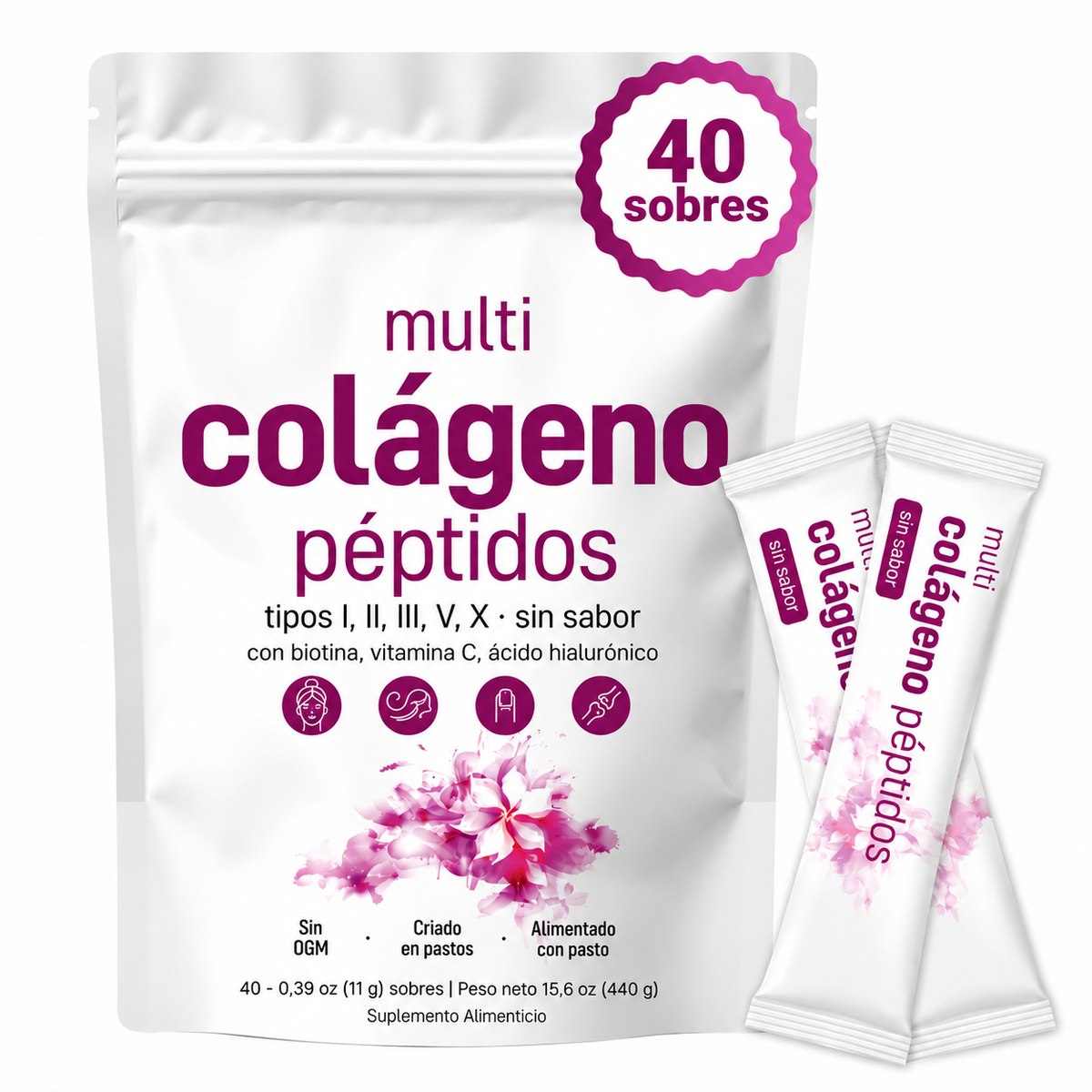 Polvo de Péptidos de Colágeno Múltiple Micro Ingredients - Péptidos de Proteína Hidrolizada (Tipo I, II, III, V, X) con Ácido Hialurónico, Biotina y Vitamina C sin sabor
